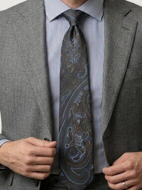 Vintage Union Made Swiss Silk Black Blue Paisley Necktie 1960s 1970s